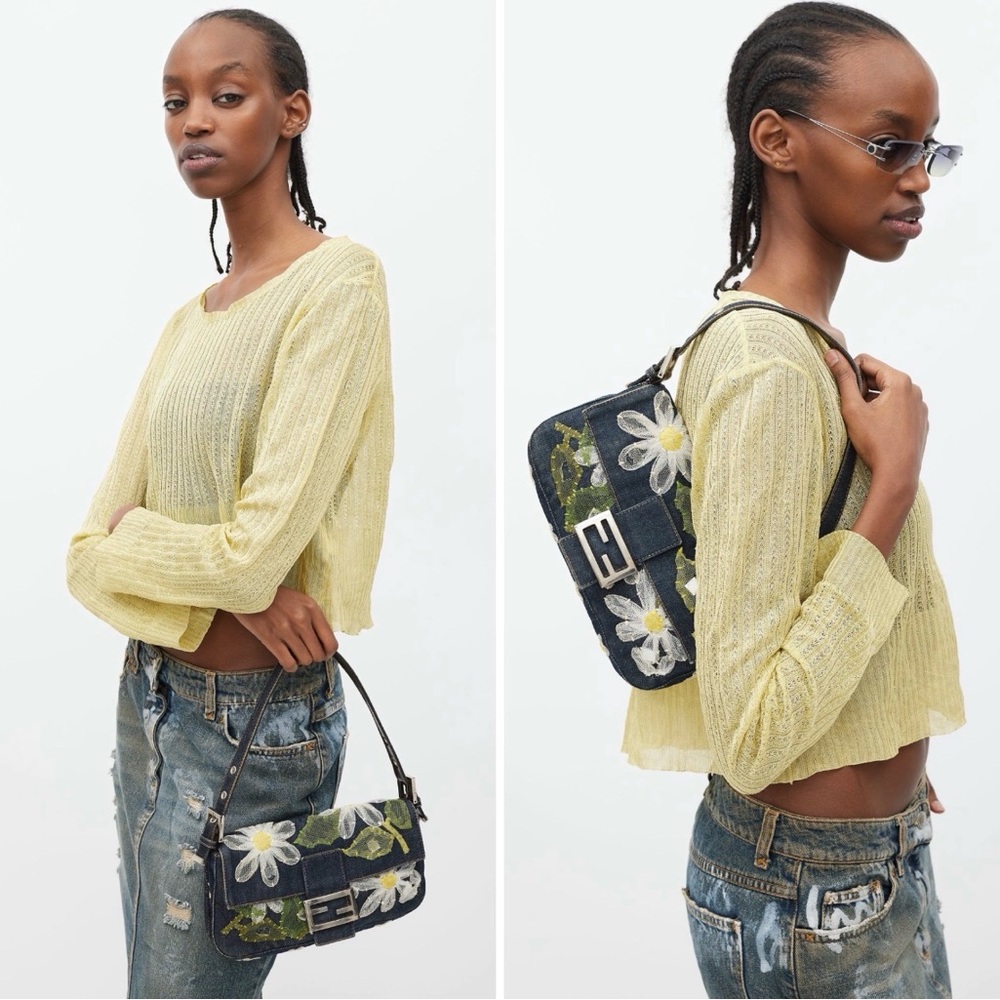 Vintage Fendi Daisy Embroidered Denim Baguette Flower Mesh Appliqué Y2K Bag - Picture 16 of 16